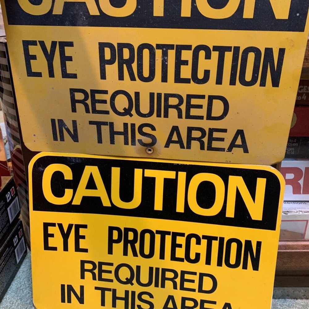 2 Metal Vintage Caution Sign Lot- eye protection Required In This Area 14” X 11”
